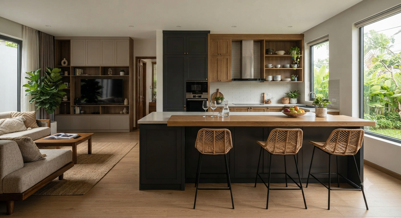 Sử dụng đảo bếp hoặc quầy bar mini làm ranh giới mềm